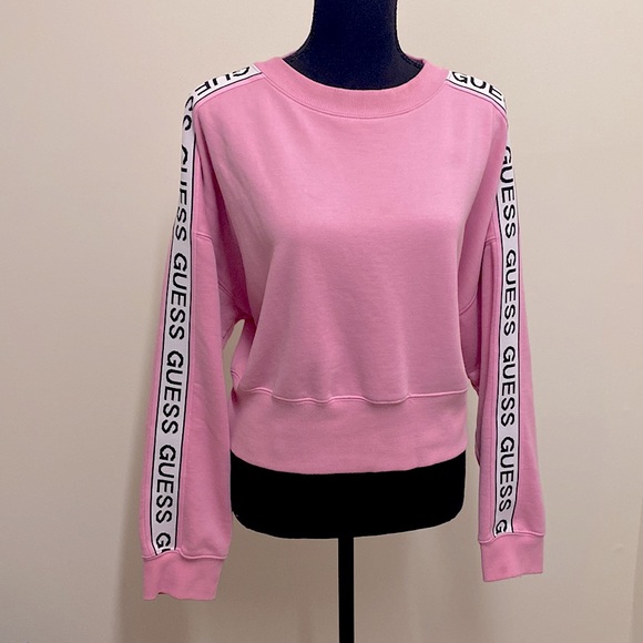 Guess Pink Cropped Crewneck Pullover Monogrammed Arms Sweater - Picture 2 of 16